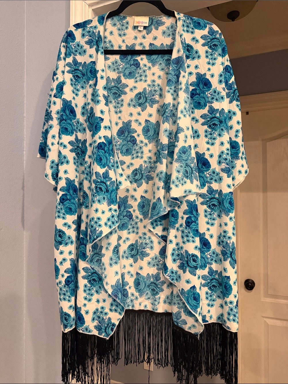 LuLaRoe White with Blue Floral Print and Black Fringe Kimono
